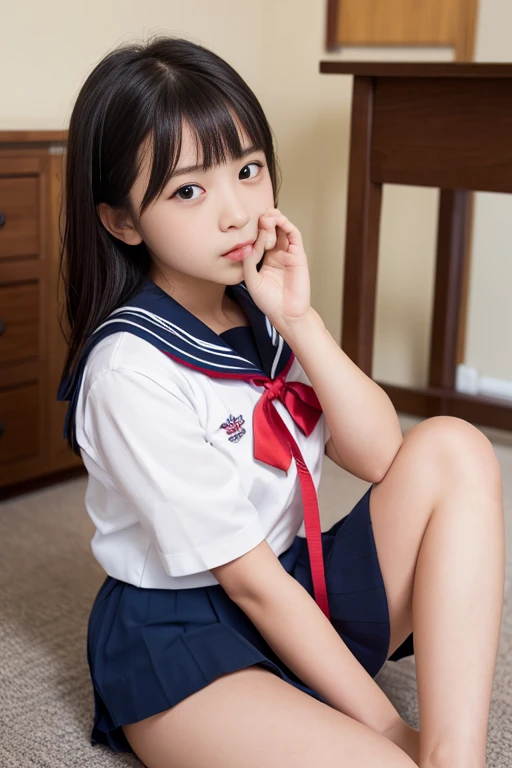 Realistic photos of Japanese junior high school girls, Full body photo from toe to head,Anatomically correct body,Please wear your uniform correctly, Summer short-sleeved sailor uniform, Red ribbon on uniform,Navy blue short skirt, Her Room,Raise one hand,My fingers are wet with mucus,Bob or short cut,Realistic white thin skin,Sensual appearance immediately after masturbation,Young and beautiful face,I'm blushing a little,slightly open lips,Sit on the bed with your knees raised and your legs apart,She was sitting so that her tiny, thin, white panties were clearly visible.,Her panties are digging into her pussy, The shape of her vagina is visible through the crotch of her panties.,The crotch of the panties is wet and dirty,Sexy pose,Attractive thighs,There's a lot of semen on my thighs,Slightly larger breasts,She masturbates to explicit porn videos every day., I have no experience with men, I want to have sex quickly, I have a rape wish,Embarrassed face,