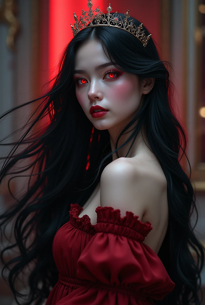 beautiful black haired vampire girl with red streaks under her hair, clear skin, Red eyes, wearing a crown on his head