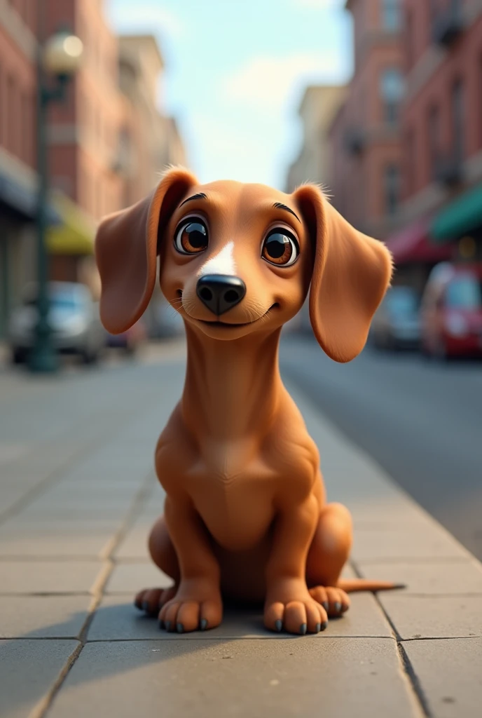 from this platform: "There is a small dachshund sitting on the sidewalk" place a white part on the nose   