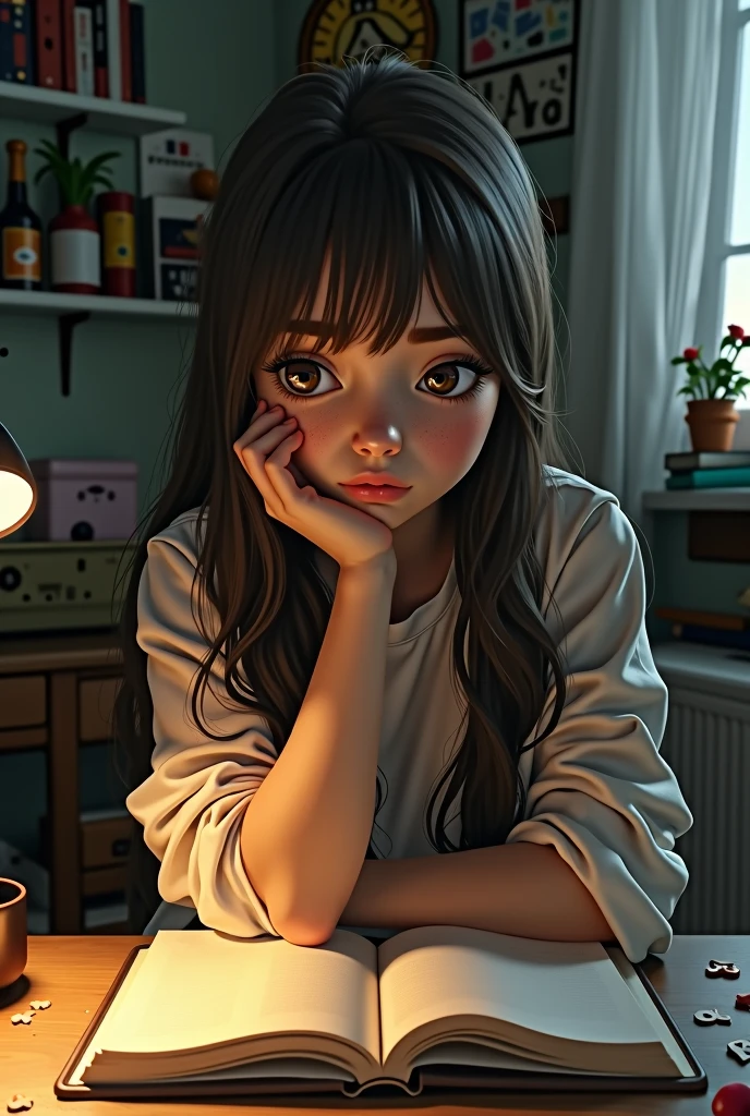 A pretty girl in her room with a notebook leaning on her desk with teary eyes. The girl is pretty with white skin, long brown hair, brown eyes and pretty freckles.