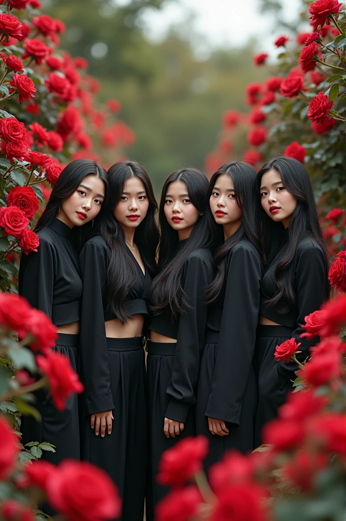 image of group kpop of 5 asians girls with black long hair together in a garden with red and black roses, image of them standing