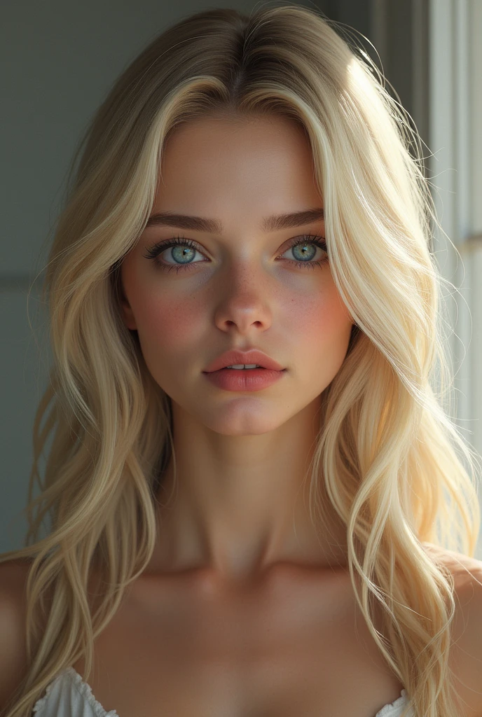 20 years old woman, realistic, long hair, blond clair, blue eye, flat slicked hair