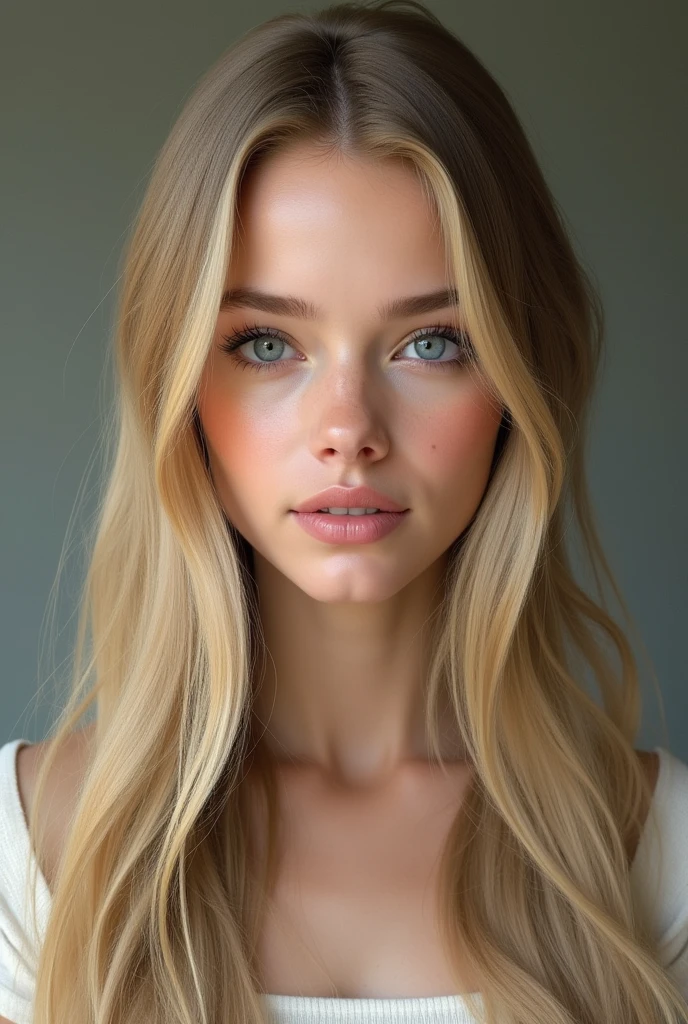 20 years old woman, realistic, long hair, blond clair, blue eye, flat slicked hair