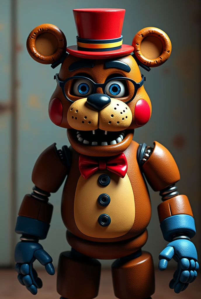 Freddy Fazbear red and bow and hat and blue gloves and black glasses