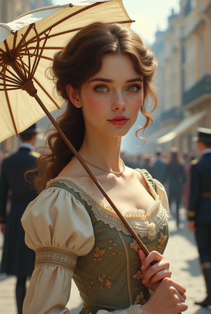 18 year old girl, Brown hair, green eyes, thick and slightly red lips, Hair collected, with Victorian era dress, with a parasol and a London landscape in 1880