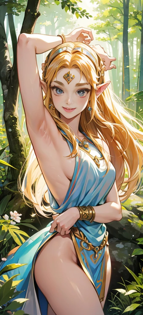 Princess zelda, showing armpits and pussy, half naked, smiling, perfect proportions, sexy look, forest background.