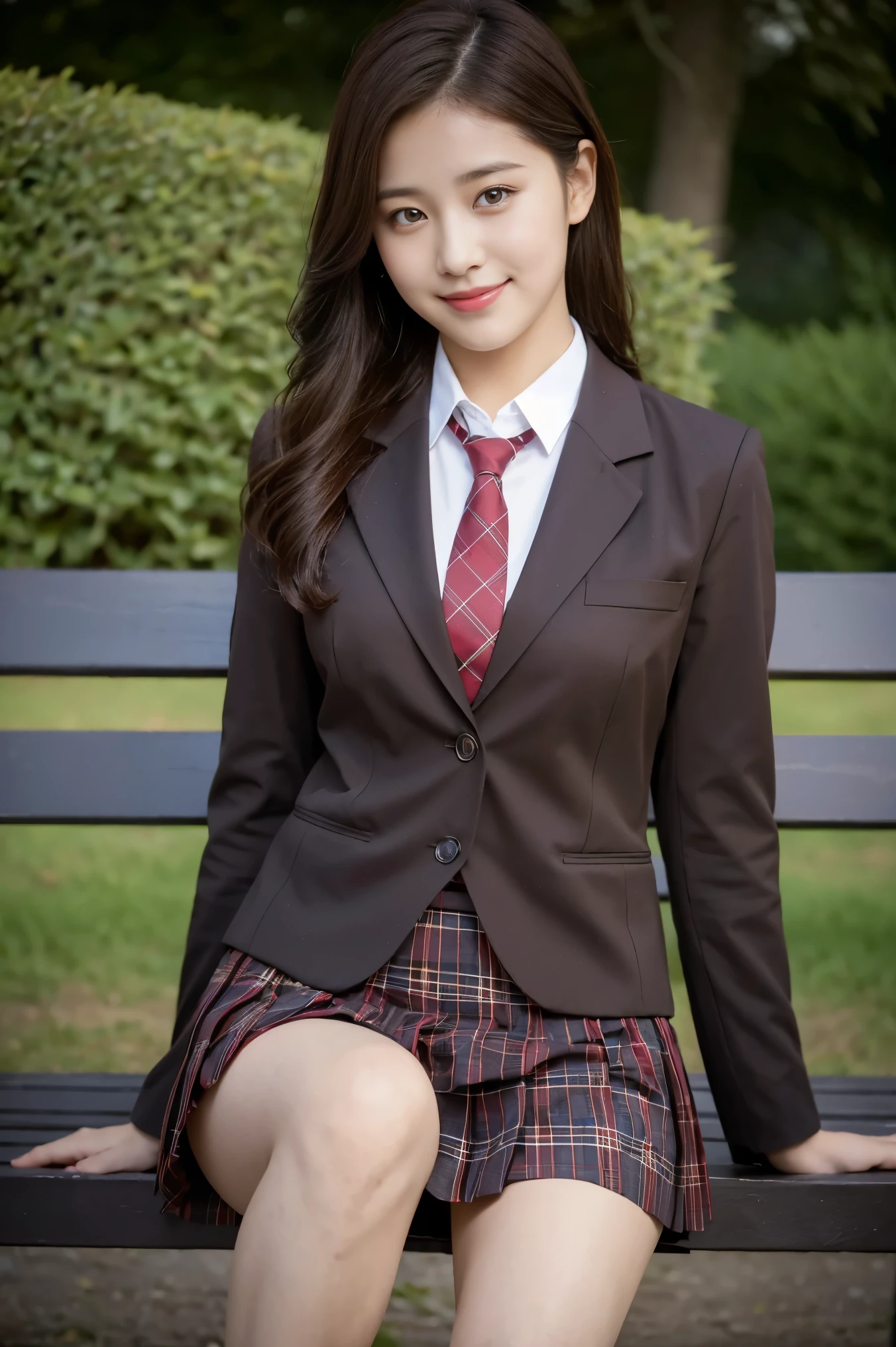 (8K), (highest quality: 1.2), (realistic), (realistic: 1.37), ultra high resolution, 1 girl, cute, smile, closed mouth, beautiful details, beautiful nose, wet hair, giant dulcefo, pork, thighs,self snap,University Student Uniform,sunny day,I can see the sea,sit on a bench in the park,(Simple light brown blazer 1),(dark brown pleated skirt),dark red tie,(The pattern of the skirt and tie is a tartan check pattern...:1.3),thighsとニーハイタイツ