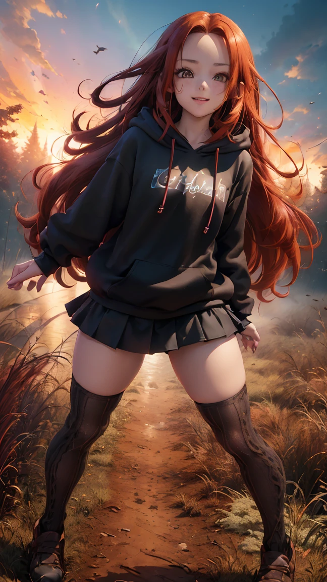 Young girl, (), (little body, small height), (petite girl: 1.35), (adorable face), (big forehead: 1.2), she has a long flowing hair, (red hair: 1.5), (long hair: 1.35), asian features, (brown eyes: 1.5), bright eyes, brown light eyes, (white skin: 1.35), beautiful detailed eyes, cute young girl, (flat chest: 1.35), (((wearing black skirt, a baggy black hoddie and Over-the-knee socks))), high quality clothes, high resolution, (detailed clothes), (loose hoddie: 1.35), (autumn forest, sunset, warm light background))), cute, daring girl, (detailed background), (full detailed 8k), (perfectly detailed face), (enhance anatomy), vfx, highres, sharp, focus, (photorealistic artwork: 1.35), (extremely detailed CG unity 8k wallpaper), (((vibrant colors, vibrant theme))), (dynamic pose: 1.5), cool vibes, fashion girl, happy, flirting expression, coquette, (playful attitude), smiling, happy, adorable small girl, joyful girl