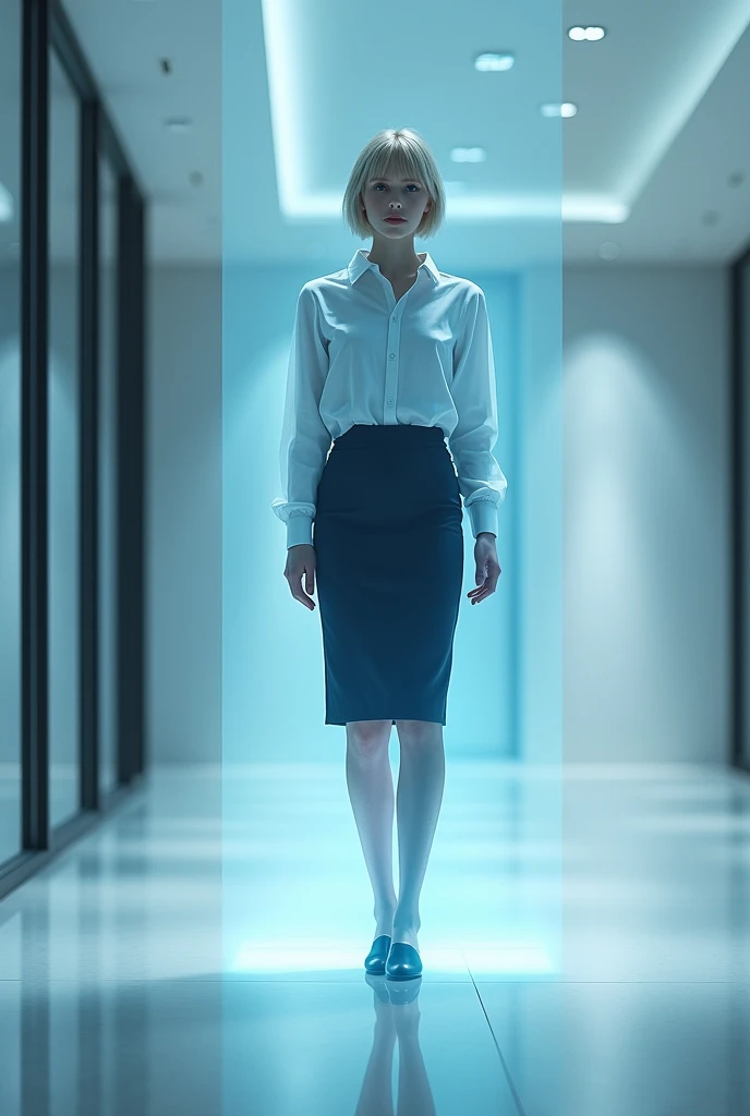 (photorealism:1.2), beautiful woman, swedish, blonde,sad, pensive, assistant, pencil skirt, 18yo, corporate lobby, white floor and ceiling, blue lighting, hologram, projection, floating above ground, looking at camera, short hair, transparent girl