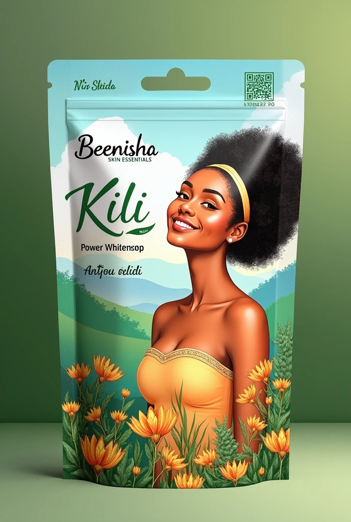 Make me an individual soap pouch design suggestions for these BEENISHA SKIN ESSENTIALS soap product in pictures:
Kili Power Whitening Soap