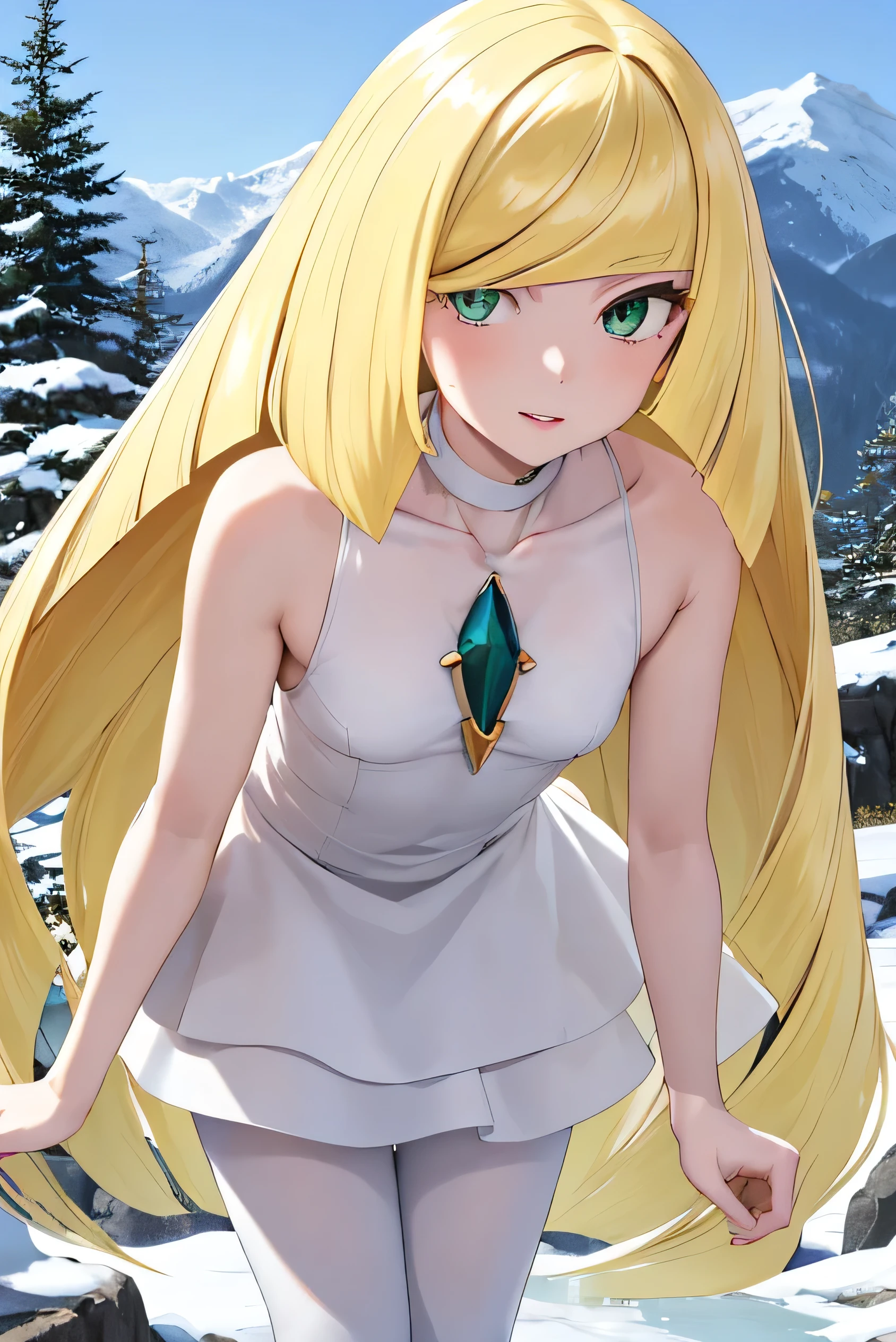 (masterpiece, Highest quality), One person, Lusamineデフ, Mature Woman, Very long hair, gem, Sleeveless dress, Short dress, White leggings, Very long hair, gem, Lusamine, blonde, Very long hair, Green Eyes, Small breasts, Highly detailed face and skin texture, Delicate and beautiful eyes, Natural Cheeks, Glowing Skin, Glossy Lips, Perfect Style, Are standing, Leaning forward, Mountain々, hot spring, winter, snow