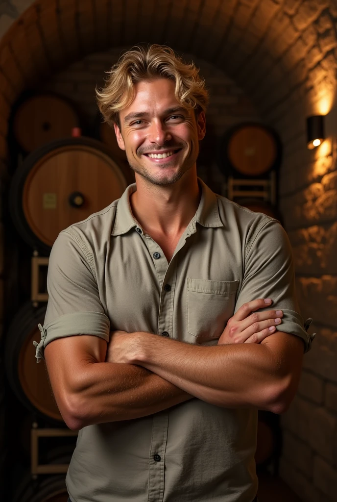 A blond Italian man in a lush classic wine cellar, with arms crossed and a close-up capturing the harmonious beauty of his smile and toned body in casual clothing among the low lights, showing your natural charm