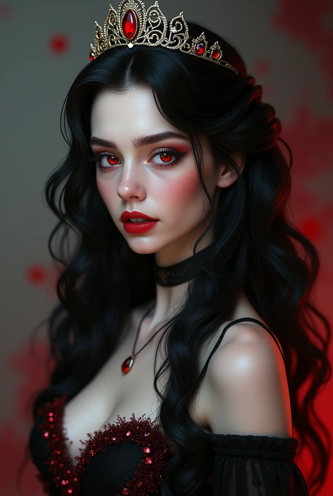 beautiful black haired vampire girl with red under her hair, clear skin, Red eyes, wearing a crown on his head, with upright posture