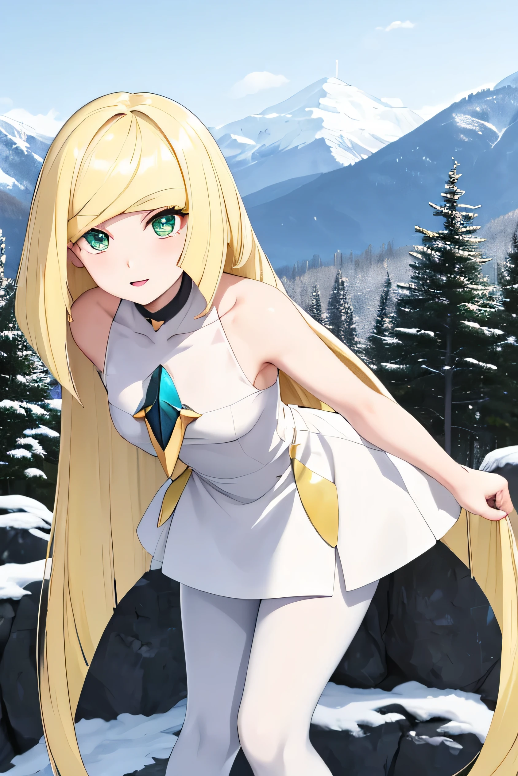 (masterpiece, Highest quality), One person, Lusamineデフ, Mature Woman, Very long hair, gem, Sleeveless dress, Short dress, White leggings, Very long hair, gem, Lusamine, blonde, Very long hair, Green Eyes, Small breasts, Highly detailed face and skin texture, Delicate and beautiful eyes, Natural Cheeks, Glowing Skin, Glossy Lips, Perfect Style, Are standing, Leaning forward, Mountain々, hot spring, winter, snow