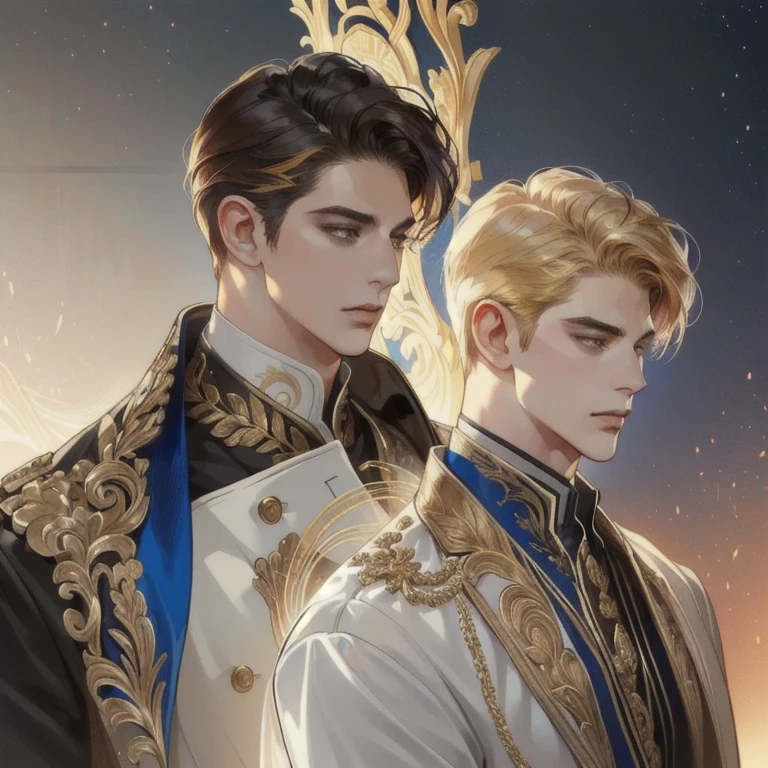 Two man looking at the view, Handsome two boy, beautiful detailed face, handsome stunning realistic, Suit, gold accessories on clothes, Charlie Bowater Style, upper body, handsome man, Profile picture, Detailed character portrait, adam hughes, by Ignacio Zuloaga, background bright dark, multiple colours 