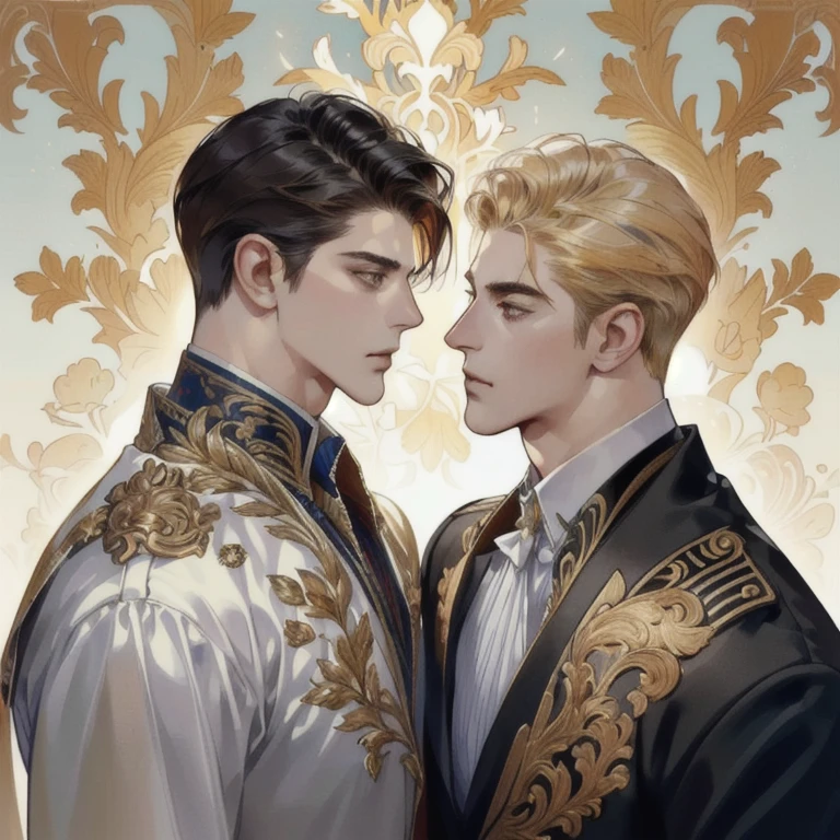 Two man looking at the view, Handsome two boy, beautiful detailed face, handsome stunning realistic, Suit, gold accessories on clothes, Charlie Bowater Style, upper body, handsome man, Profile picture, Detailed character portrait, adam hughes, by Ignacio Zuloaga, background bright dark, multiple colours 