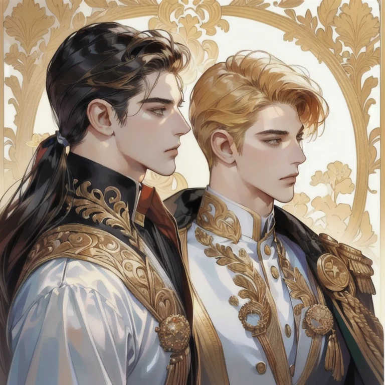 Two man looking at the view, Handsome two boy, beautiful detailed face, handsome stunning realistic, Suit, gold accessories on clothes, Charlie Bowater Style, upper body, handsome man, Profile picture, Detailed character portrait, adam hughes, by Ignacio Zuloaga, background bright dark, multiple colours 