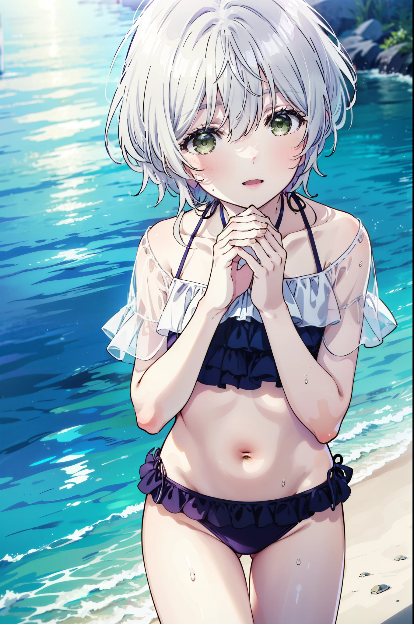 fuukakikuchi, fuuka kikuchi, short hair, bangs, Hair between the eyes, (Green Eyes:1.3), Grey Hair,smile,Open your mouth,Bikini swimsuit with ruffles,Wet Skin,Wet Hair,Wet swimsuit,barefoot,Water Play,Daytime,Clear skies,True Summer,whole bodyがイラストに入るように,
break outdoors, Ocean,
break looking at viewer,whole body, (Cowboy Shot:1. 5),
break (masterpiece:1.2), Highest quality, High resolution, unity 8k wallpaper, (figure:0.8), (Beautiful attention to detail:1.6), Highly detailed face, Perfect lighting, Highly detailed CG, (Perfect hands, Perfect Anatomy),