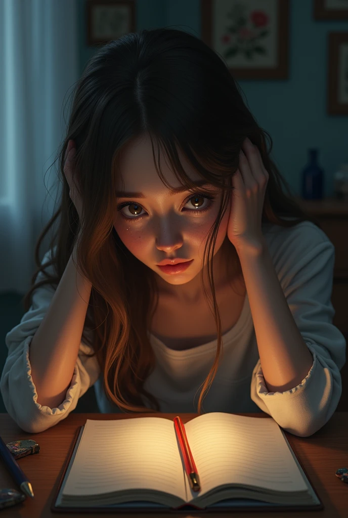 A pretty girl in her room with a notebook leaning on her desk with teary eyes. The girl is pretty with white skin, long brown hair, brown eyes and pretty freckles, so you can tell she is crying and it is nighttime.