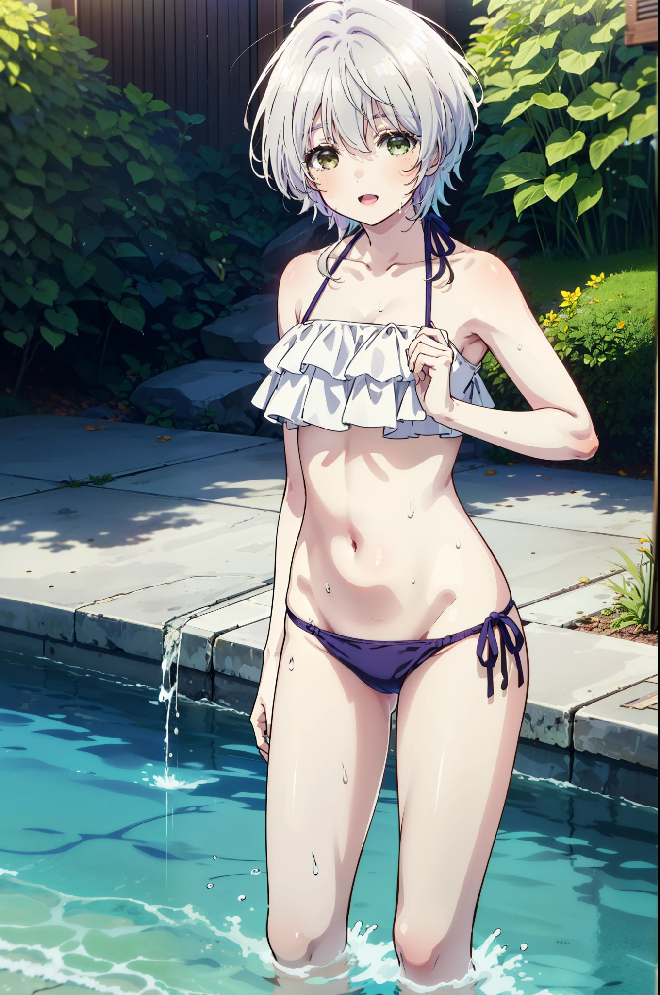 fuukakikuchi, fuuka kikuchi, short hair, bangs, Hair between the eyes, (Green Eyes:1.3), Grey Hair,smile,Open your mouth,Bikini swimsuit with ruffles,Wet Skin,Wet Hair,Wet swimsuit,barefoot,Water Play,Daytime,Clear skies,True Summer,whole bodyがイラストに入るように,
break outdoors, Ocean,
break looking at viewer,whole body, (Cowboy Shot:1. 5),
break (masterpiece:1.2), Highest quality, High resolution, unity 8k wallpaper, (figure:0.8), (Beautiful attention to detail:1.6), Highly detailed face, Perfect lighting, Highly detailed CG, (Perfect hands, Perfect Anatomy),