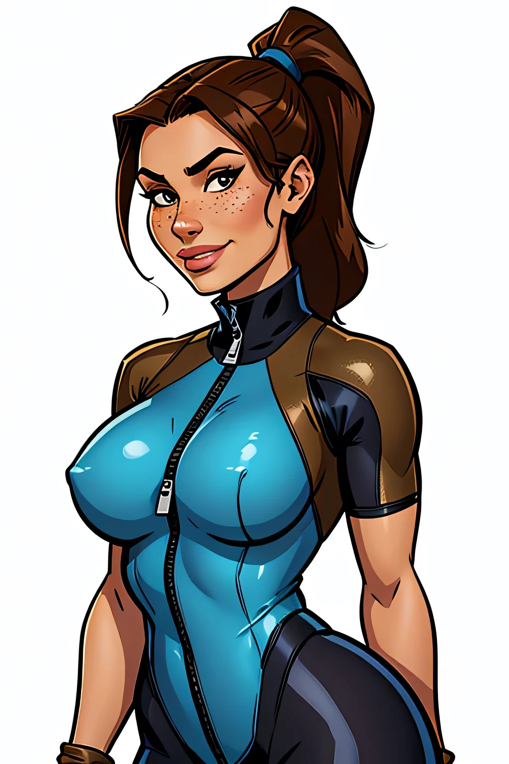 Thin woman (Lara Croft), age 25, 4K (High definition), mysterious smile, seducing gaze, eyes browns, wearing blue and gray wetsuit (com zipper lateral) and short sleeves, arms positioned at the side of the body, brunette skin, long brown hair tangled (pony-tail), upper body, full of curves with freckles on her chest and neck, round breasts. High-quality Marvel style, white background.