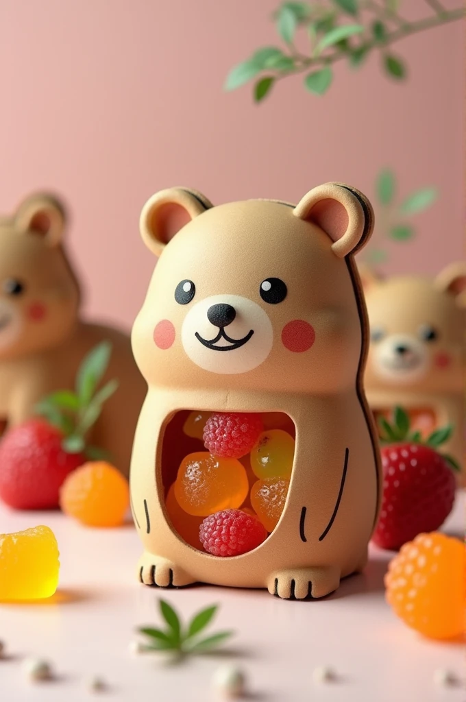 Customized cardboard packaging in the shape of animals where the fruit gelatin gummies can be seen