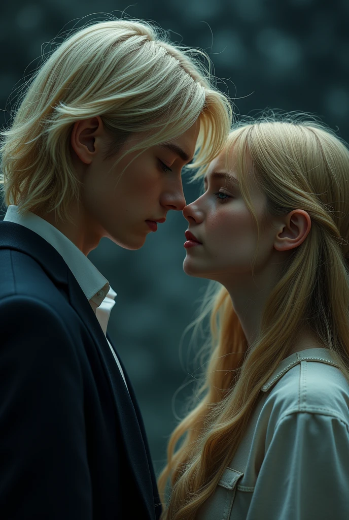 man and woman, The man has to have long blonde hair like Jungkook, Tez blanca del mismo color de piel que la mujer, He must not have a beard , blue eyes, high, the woman has to have blonde hair, Tez blanca, eyes the color of honey, angelic and cute appearance, They both look at each other in pain, dark background, both should look young, They are in the University