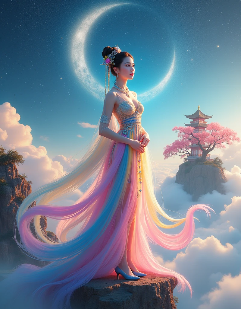 [Vision:1.0]，[Wide Angle:1.0]，(poster design:1.9)，Three-dimensional ancient style，Vibrant Chinese Aesthetics，Elegant ancient Chinese fairy，Chang&#39;e，Mooncake in hand，Moon Rabbit，Starry Sky，osmanthus tree，A woman in a gorgeous rainbow Hanfu dress stands on a cliff and looks up at the starry sky，Beautiful facial features，(whole body:1.4)，Vibrant colors，Sparkling clothing，Embraces Flashing Stone Texture，semi-transparent crystal material shoes，iridescent gradient fluorescent ribbons，Exquisite，Light Wave，Tradition，Exquisite，Perfect composition，Ultra HD，Crescent earrings，Raise your eyebrows，Jade Phoenix Branch，Forehead Gem，(Look directly at the audience:15)，((((Facing the audience))))，((((Phoenix crown and bridal robe))))，(((Ancient Chinese palace looming in the clouds in the distance)))，Space，Galaxy，Heavenly Goddess，Astral，dream，Beautiful celestial spirit，Beautiful fantasy paintings，Beautiful fantasy art，Ethereal fantasy，Very beautiful fantasy art，Digital Art Fantasy，Enchanting and otherworldly，Fantastical beauty，Volumetric Light，Natural soft light，(Ultra-fine:1.2，Out of Focus:1.2，Bright colors，Movie Lighting，Chiaroscuro，Ray Tracing，Surrealism，uhd，masterpiece，precise，Anatomically correct，Textured Skin，Super Detail，8k)