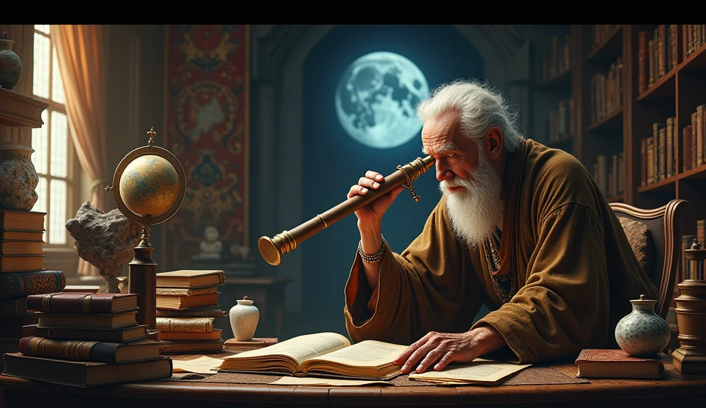 A historic-looking study with ancient astrological texts and scrolls spread out. A wise astrologer, dressed in traditional robes, is observing the Moon through a telescope, surrounded by mystical artifacts. --ar 16:9