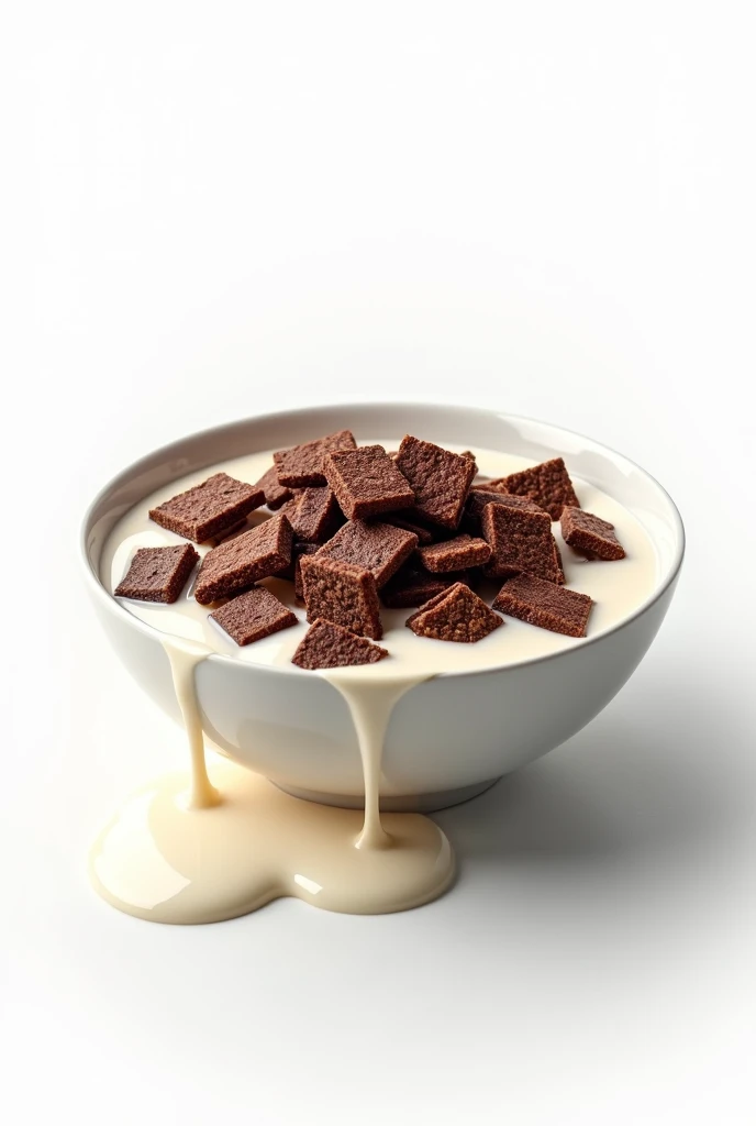 shows a cereal of Crunchy Chocolate Flakes in a deep plate dripping with milk with a white background:0.8