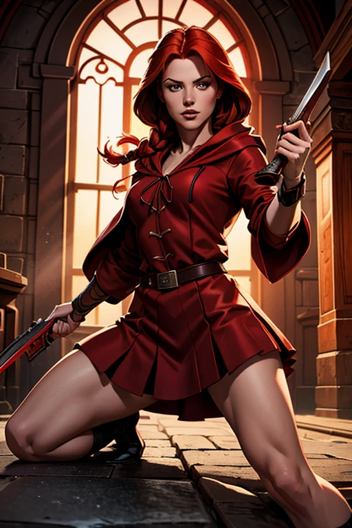 a beautiful young red-haired girl in a red hooded cloak, long braided red hair, sensual private school uniform, holding a serrated blade sword and a double-barreled shotgun, in a playground near home setting, chiaroscuro lighting, fantasy, highly detailed, photorealistic, 8K, masterpiece