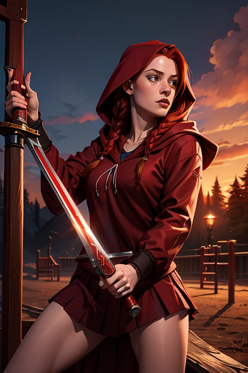 a beautiful young red-haired girl in a red hooded cloak, long braided red hair, sensual private school uniform, holding a serrated blade sword and a double-barreled shotgun, in a playground near home setting, chiaroscuro lighting, fantasy, highly detailed, photorealistic, 8K, masterpiece