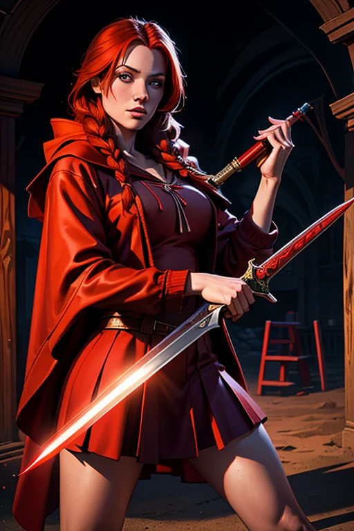 a beautiful young red-haired girl in a red hooded cloak, long braided red hair, sensual private school uniform, holding a serrated blade sword and a double-barreled shotgun, in a playground near home setting, chiaroscuro lighting, fantasy, highly detailed, photorealistic, 8K, masterpiece