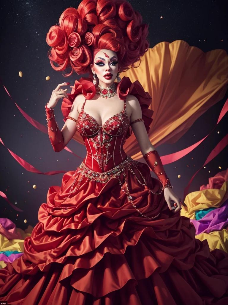 Drag queen named cookie clown with a red noise in a beautiful gown, made out of many diffrent tyoes of candy  (show her full gown in the image)