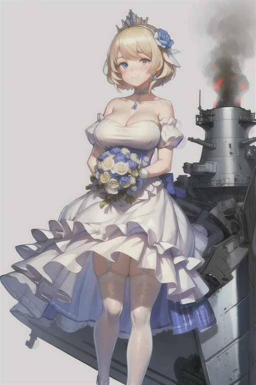HMS_Renown \(warship girls r\),((masterpiece)),(((best quality))),((ultra-detailed)),((illustration)),((disheveled hair)),((frills)),1girl,bangs,bare shoulders,blonde hair,blue flower,blue ribbon,blue rose,blush,bouquet,breasts,crown,dress,earrings,eyebrows visible through hair,flower,full body,garter straps,gem,gloves,gradient,hair between eyes,hair ornament,jewelry,large breasts,looking at viewer,mole,mole under eye,puffy sleeves,ribbon,short dress,short hair,short sleeves,smile,snowflake hair ornament,solo,standing,strapless dress,thighhighs,tiara,wedding dress,white dress,white gloves,white legwear,Redraw your eyes,(blue left eye:1.2),Heterochromia,(yellow right eye:1.2),Anyone can have heterochromia,