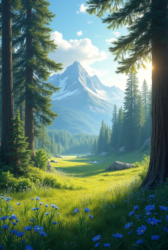 Fantastic landscape, low vegetation, grama verde, Sunnyday, small delicate and low flowers only in blue color scattered across the fields, few beautiful pine trees in the background and in the distance gigantic snowy peaks, illustration fantasy medieval magic sunbeams between trees