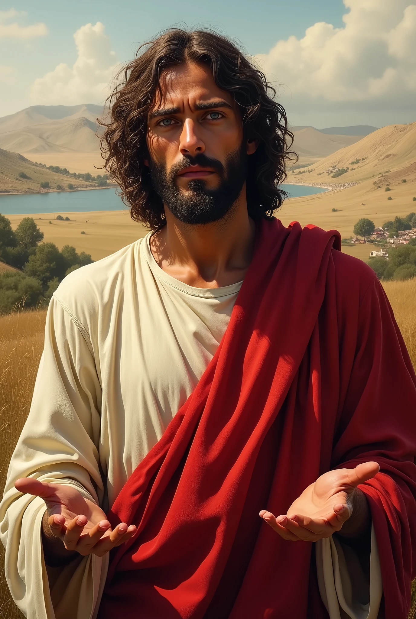 Create a realistic depiction of Jesus Christ as a 1st-century Jewish man from Galilee. Characteristics: height 1.65m, weight 50kg, olive to dark brown skin, dark curly medium-length hair, short well-groomed beard, blue eyes conveying kindness and wisdom, prominent nose, natural lips with sad, and sun-exposed skin texture. Clothing: vibrant red and white robes, with a red cloak draped over a white tunic. Expression: sad. Posture: sad, with both hands extended forward, palms up. Background: rolling hills of Galilee with the Sea of Galilee in the distance, warm lighting with a soft glow."