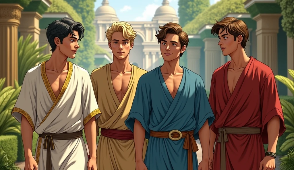Four young Jews between 15 and who live in Babylon at the time of Nebuchadnezzar, one is called Daniel, he has dark hair, light skin, he wears a white tunic with gold edges and looks very young. Another is called Asarias, he has blond hair, he is good-looking. Another Shadra has dark reddish hair, he wears a blue tunic and is smiling. Another Abel Negó has brown hair, he wears a red tunic. They look happy, well-dressed and healthy. One has blond hair, one has reddish hair, one has brown hair, one has black hair. Both are walking through the gardens of the royal palace. Create a super realistic image.