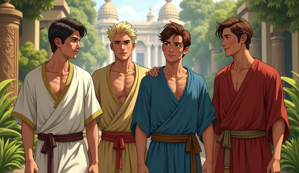 Four young Jews between  and  who live in Babylon at the time of Nebuchadnezzar, one is called Daniel, he has dark hair, light skin, he wears a white tunic with gold edges and looks very young. Another is called Asarias, he has blond hair, he is good-looking. Another Shadra has dark reddish hair, he wears a blue tunic and is smiling. Another Abel Negó has brown hair, he wears a red tunic. They look happy, well-dressed and healthy. One has blond hair, one has reddish hair, one has brown hair, one has black hair. Both are walking through the gardens of the royal palace. Create a super realistic image.