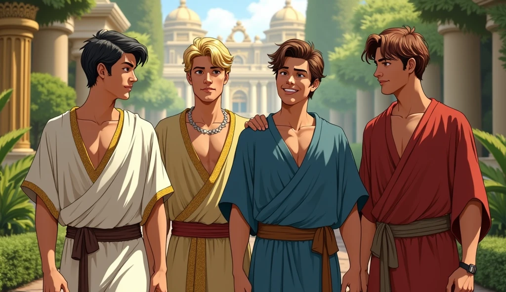 Four young Jews between 15 and who live in Babylon at the time of Nebuchadnezzar, one is called Daniel, he has dark hair, light skin, he wears a white tunic with gold edges and looks very young. Another is called Asarias, he has blond hair, he is good-looking. Another Shadra has dark reddish hair, he wears a blue tunic and is smiling. Another Abel Negó has brown hair, he wears a red tunic. They look happy, well-dressed and healthy. One has blond hair, one has reddish hair, one has brown hair, one has black hair. Both are walking through the gardens of the royal palace. Create a super realistic image.