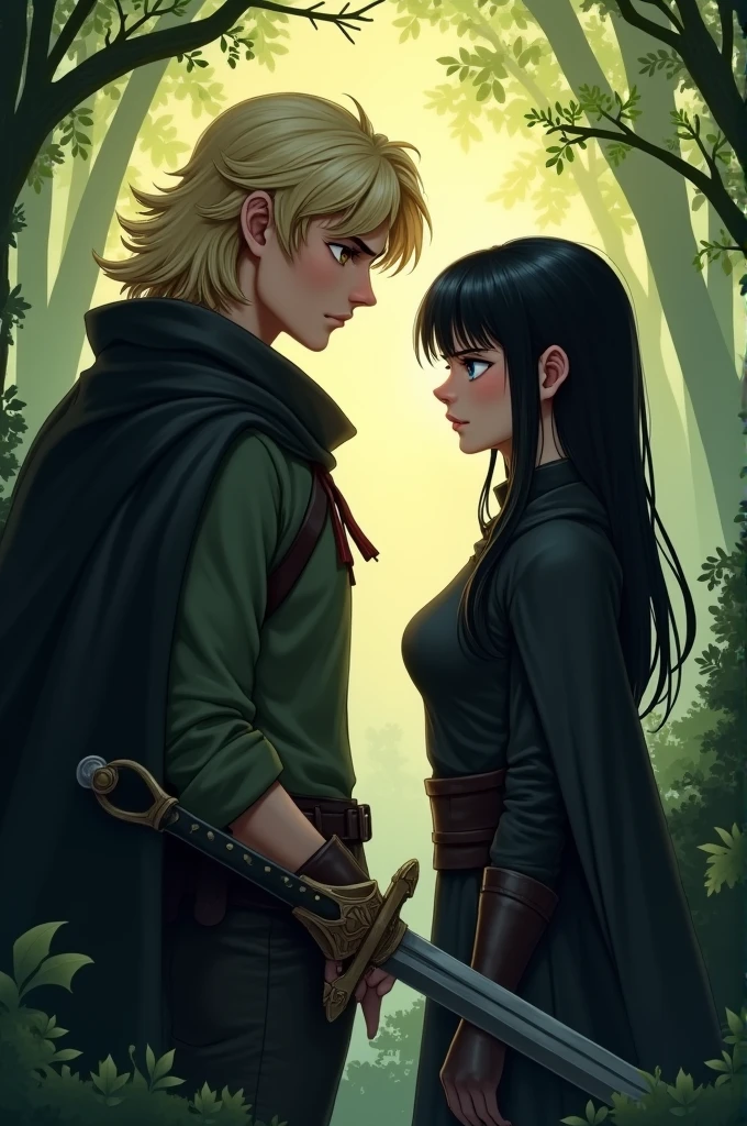 I want you to make two characters, one man and one woman. I want you to make the young man, pale with long, wavy light blonde hair, I want you to make him with brown eyes and an outfit with a black cape holding a sword. And I want the woman to have black hair and bangs, an all dark outfit with blue eyes. I want you to do both of them against a forest background.