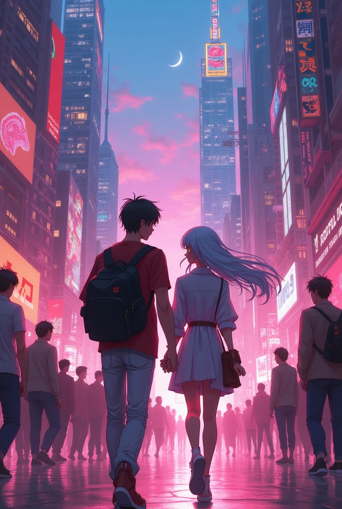 Anime couples walk through a sci-fi city full of partying and debauchery. A waist-length girl with white hair and golden pupils is leading a man with medium hair. Shadows of dragons and phoenixes appear behind them.. Close-up perspective. Concept art by Makoto Shinkai, pixiv winner, Romanticism, makoto shinkai cyril rolando, I love conceptual art, pink trance. landscape background, Ross Tran e Makoto Shinkai, Ross Tran e Ilya Kuvshinov, Loish e Ross Tran.