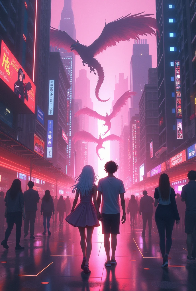 Anime couples walk through a sci-fi city full of partying and debauchery. A waist-length girl with white hair and golden pupils is leading a man with medium hair. Shadows of dragons and phoenixes appear behind them.. Close-up perspective. Concept art by Makoto Shinkai, pixiv winner, Romanticism, makoto shinkai cyril rolando, I love conceptual art, pink trance. landscape background, Ross Tran e Makoto Shinkai, Ross Tran e Ilya Kuvshinov, Loish e Ross Tran.  