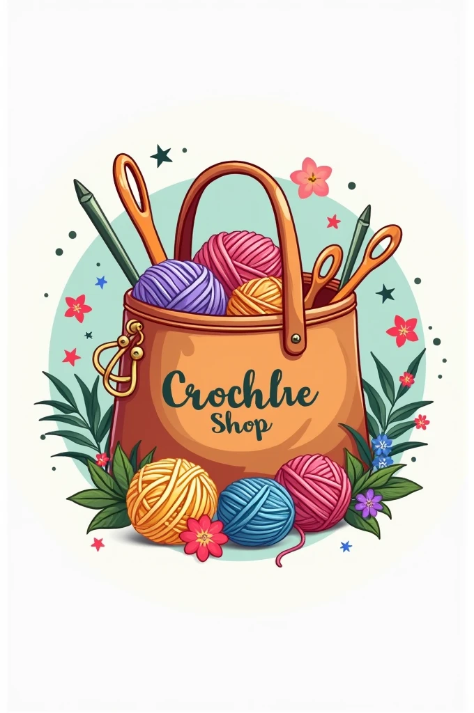Crochet shop brand logo, using colors like terracotta, olive green and royal blue, crochet bag, using balls of yarn and crochet hooks, Round image e flores e estrelas ao redor, cute but adult image, Round image