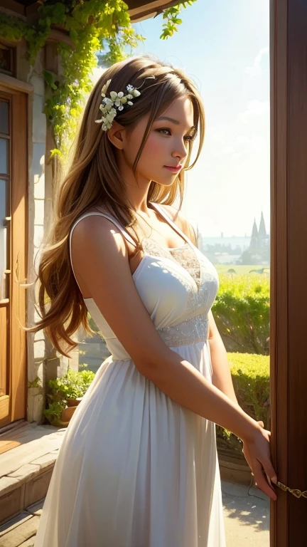 (Highest quality,4K,High resolution,Very detailed,Realistic:1.37),Vibrant colors,sunLight,Light,bergamot,White flower,beautiful girl,exquisite features,Flowing Hair,Calm expression,Garden setting,Elaborate Dress,Soft sunLight,Wind,Bright atmosphere,Backlit scene,Signs of a smile,Mysterious glow,Morning is refreshing,Long Shadow,Harmony of Nature,Subtle reflection,Natural Beauty,shining dew,Clear details,Peace and tranquility,Sublime Material,Arrive at the branch,Whispering leaves,Petals in aromatherapy,The Light shines, Shining HighLights,Subtle Shadows,Soft Focus,Sublime Beauty,Whispering Nature,A fantastic atmosphere,Illuminated Background.