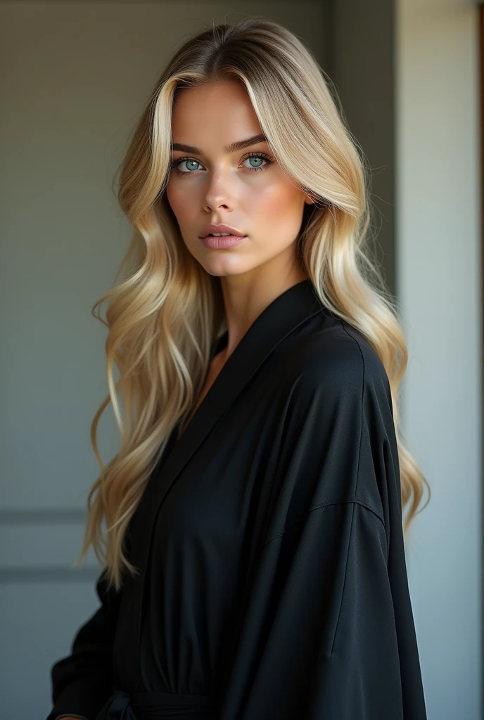 20 years old woman, realistic, long hair, blond clair, blue eye, smooth hair, robe noir serré