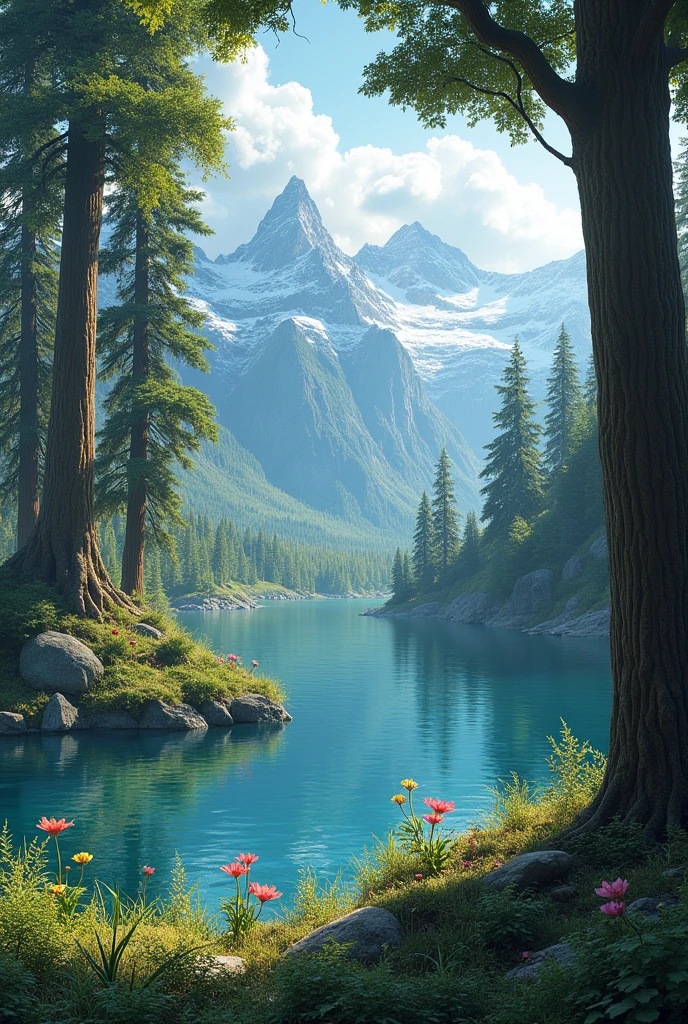 Primeval forest and mountains, There is a lake below with natural flowers and plants on both sides. This is a place to worship nature.