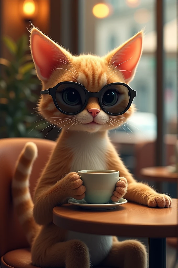 a cat in the shape of a person drinking coffee with sunglasses 