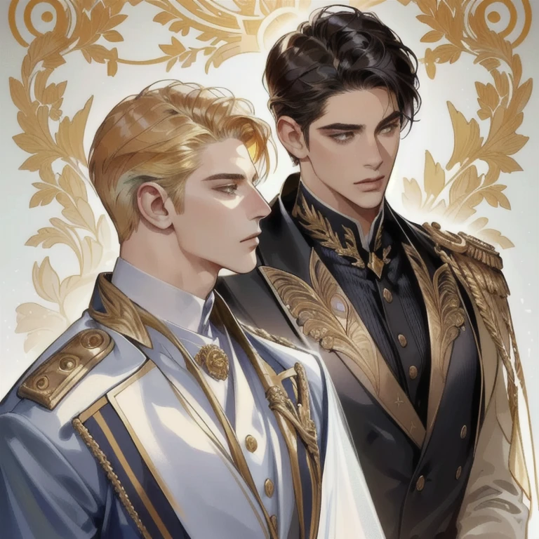 Two man looking at the view, Handsome two boy, beautiful detailed face, handsome stunning realistic, Suit, gold accessories on clothes, Charlie Bowater Style, upper body, handsome man, Profile picture, Detailed character portrait, adam hughes, by Ignacio Zuloaga, background bright dark, multiple colours 