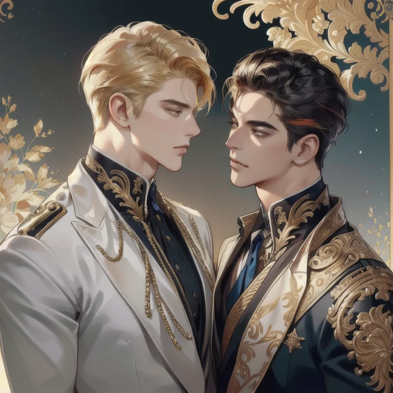 Two man looking at the view, Handsome two boy, beautiful detailed face, handsome stunning realistic, Suit, gold accessories on clothes, Charlie Bowater Style, upper body, handsome man, Profile picture, Detailed character portrait, adam hughes, by Ignacio Zuloaga, background bright dark, multiple colours 